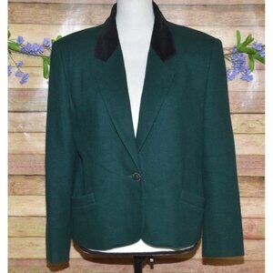 Vintage Koret Size 12 12P Emerald Green Wool Holiday Blazer Jacket Suede Collar